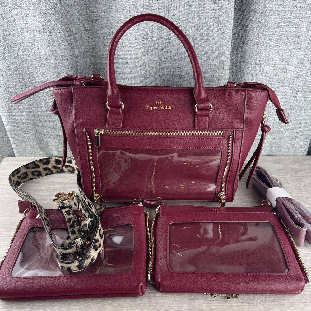 Piper Noble Burgundy Display Handbag & 2 Matching Clutches Faux Pebbled Leather